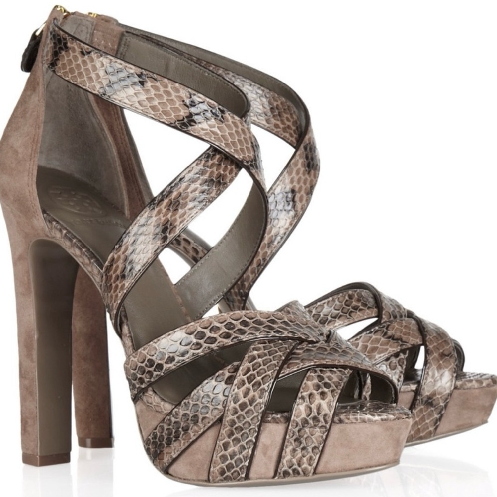 Tory Burch Venice Elaphe and Suede High Heel Sandals, Gray, 8